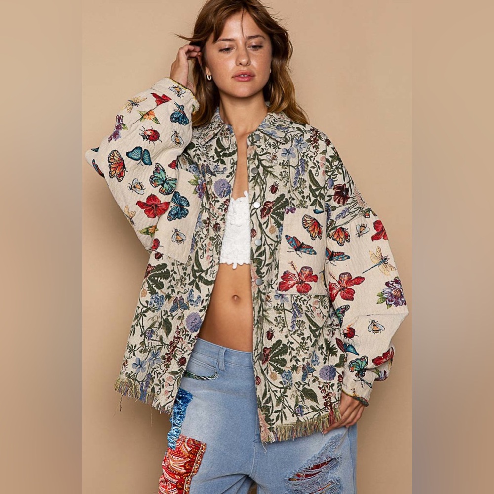 100. POL Jacquard Butterfly multicolor oversized floral jacket shacket woven